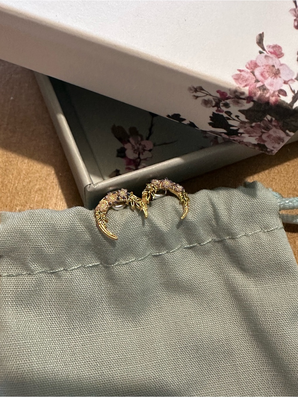 Brand New Gold Crescent Floral Moon Stud Earrings